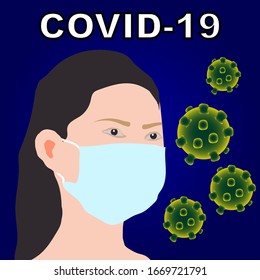 girl in a medical hygiene mask around which coronaviruses fly a navy blue background inscription COVID-19
