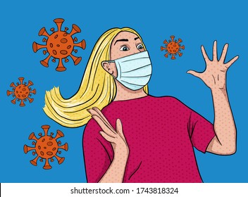 A girl in a medical mask is afraid of contracting a coronavirus. Concept of panic due to coronovirus infection. Pop art retro vector illustration.