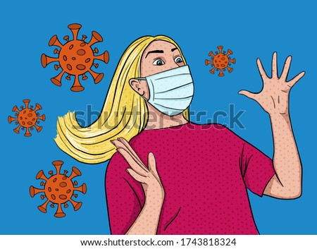 A girl in a medical mask is afraid of contracting a coronavirus. Concept of panic due to coronovirus infection. Pop art retro vector illustration.