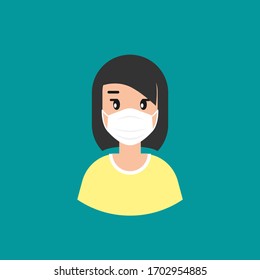 girl with medical mask avatar. cute woman with black hair.  flat icon on blue background.  person character. Quarantine avatar. Mouth guard, virus protection, toxic air respirator.