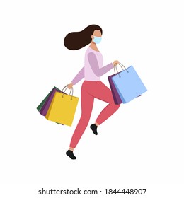A girl in a medical mask with bags from the supermarket runs for shopping. The buyer with the product. Vector flat illustration of a female character.