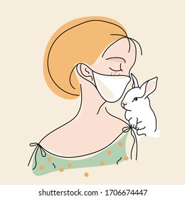 Chica con máscara médica. Covid-19, protección contra el coronavirus. Retrato hecho a mano de gato y un niño lindo con elementos médicos de protección para prevenir enfermedades, gripe, contaminación, contaminación. Arte vectorial.