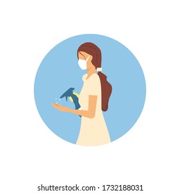 Girl in a medical mask with a disinfectant handles her hands, vector illustration