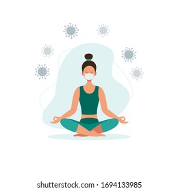 A girl in a medical mask does yoga, sits in a lotus position. The concept of home quarantine isolation during a coronavirus pandemic. Vector stock illustration.