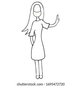 Girl in a medical mask due to an outbreak of coronavirus infection Covid-19. Vector illustration. Contour on an isolated background. Doodle style. Better to stay at home. No color. Sketch.