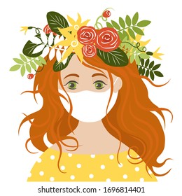 A girl in a medical mask and a flower wreath