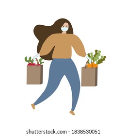 A girl in a medical mask and medical gloves carries bags of food. Contactless delivery. Vector illustration.