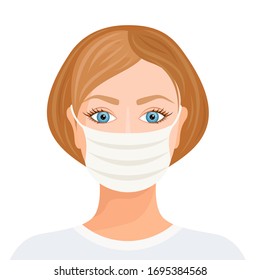 Girl in medical mask isolated on white background. Portrait of woman with respirator on her face. Vector illustration in cartoon style on the theme of epidemic, protection and prevention of influenza.