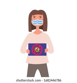 Girl in medical mask protests against coronavirus bacteria. Vector isolated illustration