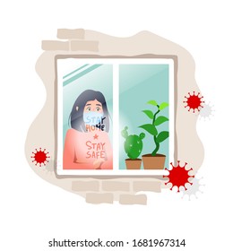 Girl in a medical mask quarantined at home. Self-isolation during an epidemic. Coronavirus protection. Illustration of prevention from virus pneumonia. Stay at home stay safe