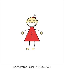 Girl in medical mask and red dress, flat character and primitive vector draw	