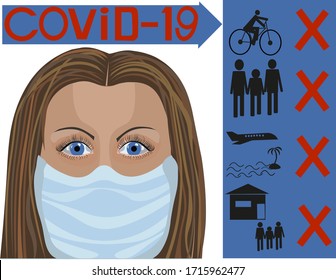 Girl in medical mask  and rules of conduct with  for covid-19