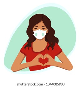 A girl in a medical mask shows a heart with her hands and urges to take care of her health. Vector illustration .
