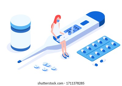 A girl in a medical mask sits on a thermometer with a laptop in hands. Nearby are tablets and packs. The girl is forced to work during an illness. Isometric vector illustration on a white background.