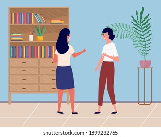 Girl in a medical mask talks to a female character standing nearby. Female characters communicating on background of a bookcase. Dialogue of girls during break at work. Discussion during working hours