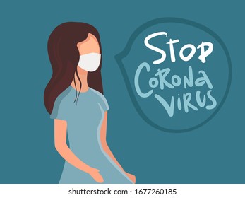 Girl in medical mask vector illustration. stop coronavirus. Flat female character. young woman wearing anti virus face mask. Coronavirus, epidemic, healthy life, medicine, protection