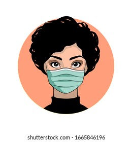 Girl in a medical mask. Woman wearing face mask. Virus Covid19, epidemy. Protective resperatory mask. Vector flat illustration