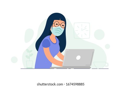 Girl in medical mask works on her laptop. Office worker on quarantine. Home working to avoid virus disease. Freelancer or remote worker concept. Vector illustration isolated on white background.