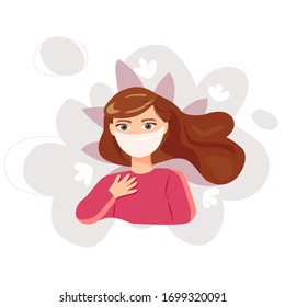 Girl in medicime mask on flowers background. Slogan for coronavirus prevention. Concept of coronavirus quarantine. Vector illustration for posters, banners. 