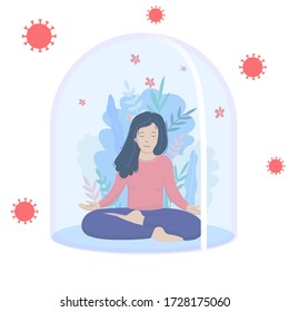 A girl meditates in a cap. Self-isolation, stay at home