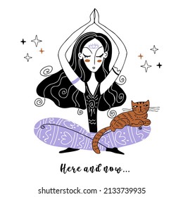 A girl meditates with a cat.Zen Yoga. Here and now. Namaste.  Vector.