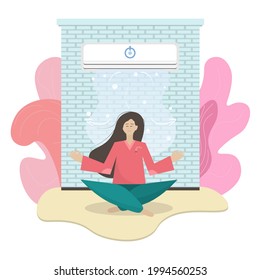 The girl meditates in a cool room with a working air conditioner. The lotus position in yoga. Creating a comfortable temperature for training, yoga, air conditioning of the room. Isolated on a white b