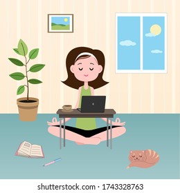 Girl meditates in front of a computer