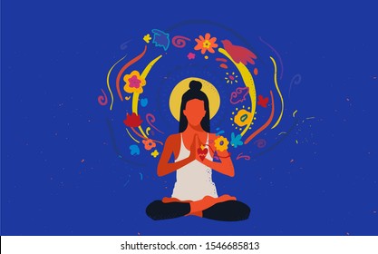 Girl meditates hands folded in namaste sitting in lotus pose. Energy moves from the heart. Concept open heart, yoga meditation. Flat vector illustration