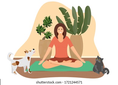 The girl meditates at home in the lotus position on the gym mat. The cat and dog look at the woman in surprise. Indoor flowers. Exercise to maintain health. Yoga for women. Vector in a flat style.