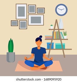 Girl Meditates at Home on a Rug Surrounded by Furniture and Houseplants. Practice Meditation on Your Own at Home.