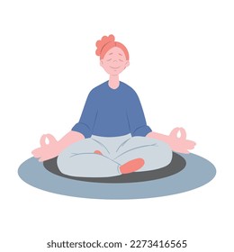 A girl meditates at home on a rug. Portrait of a character on a mat, watching, meditation, vacationers. Flat vector illustration isolated on a white background.