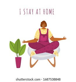 Girl meditates at home room in comfortable armchair and relaxes, rests, home activity for people in covid-2019 isolation time, female character doing yoga, vector isolated illustration