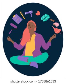 Girl meditates at home.Doing yoga and domestic deals in quarantine, stay calm cartoon vector illustration. Flat style drawn, stay home, thinking about women`s problems.Prevention pandemic Covid-19.  