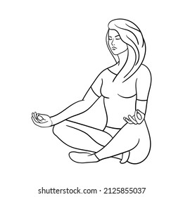 Girl meditates in the lotus position, doing yoga, coloring page, vector illustration