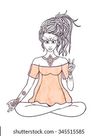 Girl meditates in the lotus position. Geometric element hand drawn Ornament stylization. Hippie culture. Dreadlocks. Promotion of peace and love. Yoga pose meditating in pose lotus
