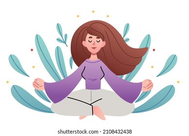 The girl meditates in the lotus position on the background of the leaves. Yoga and mindfulness concept.