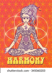 Girl meditates in the lotus position, peace gesture. Geometric element hand drawn. Psychedelic Poster in the style of 60's, 70's. Sacred Geometry. Yoga.  Promoted peace and love.
