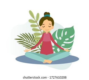 Girl meditates in lotus position. young woman practices yoga, plant leaves and clouds. Relaxing while enjoying your vacation. Trendy vector illustration in flat cartoon style. Yoga meditation at home