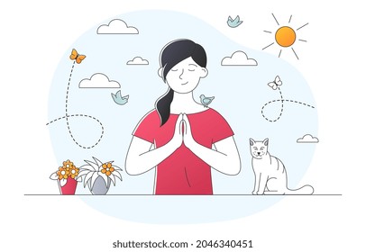 Girl meditates in nature. Peace of mind, calmness, mental health. Reminder of importance of taking care of yourself. Happy woman. Cartoon flat vector illustration isolated on white background