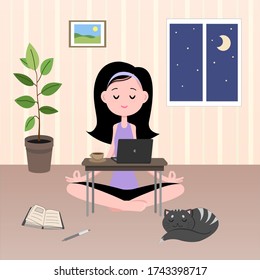 Niña medita de noche frente a una computadora