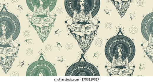 Girl meditates on the flying mountain. Seamless pattern. Packing old paper, scrapbooking style. Vintage background. Medieval manuscript, engraving art. Infinite space, meditation symbols 