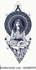 Girl meditates on the flying mountain tattoo art. Infinite space, symbols, travel, tourism, outdoor. Woman practicing yoga t-shirt design 