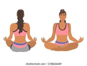 Girl meditates and practices yoga. Sitting in lotus position. Front view and rear view