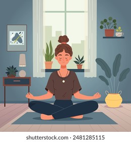 A girl meditates in a room with plants.Young woman with crossed legs and closed eyes meditating at home.Flat cartoon vector illustration.