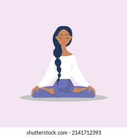 Girl meditates in silence, yoga class. Lotus position. Colorful flat illustration