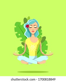 The girl meditates sitting in the lotus position in plant leaves. Vector illustration of relaxing, harmony and healthy lifestyle.