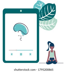 The girl meditates sitting in the Lotus position.Cute girl doing yoga at home using smartphone application. Vector illustration of a woman doing yoga. Vector flat illustration.