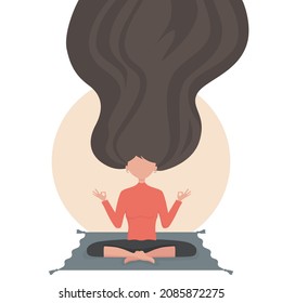 Girl meditates and tries to be calm on a white background with a pink circle. Yoga vector illustration.