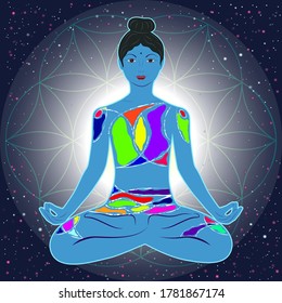 The girl meditates while sitting in the Lotus position. Healthy lifestyle, relaxation, emotional balance. Blue. Stars. Flower of life. Vector