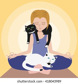 girl meditating with cats